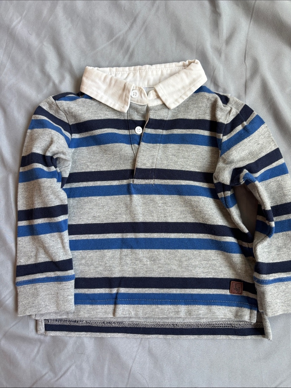 Janie and Jack Striped Long-Sleeve Polo in Blue, Gray & White